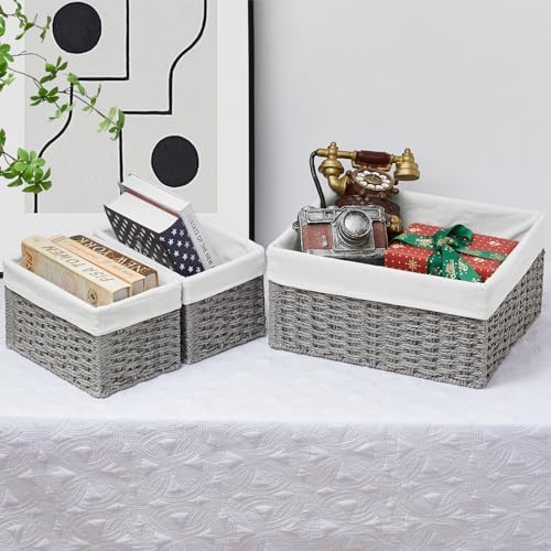 Vagusicc Wicker Basket, Set of 3 Hand-woven Storage Baskets for Organizing, Decorative Rectangle Wicker Storage Basket Bins with Handles, Small Toilet Paper Storage Baskets for Shelves & Decor, Grey - Image 6