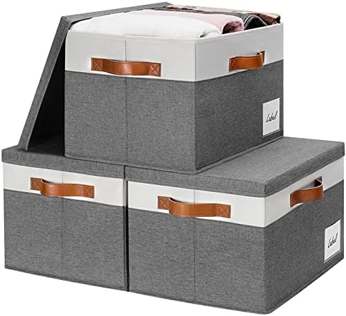 GhvyenntteS Extra Large Storage Bins with Lids, Foldable Fabric Storage Boxes with Lids and Handles, Storage Baskets with Lid and Label for Home Office (3 Pack, Grey, 15.75" x 11.8" x 10.2") by GhvyenntteS