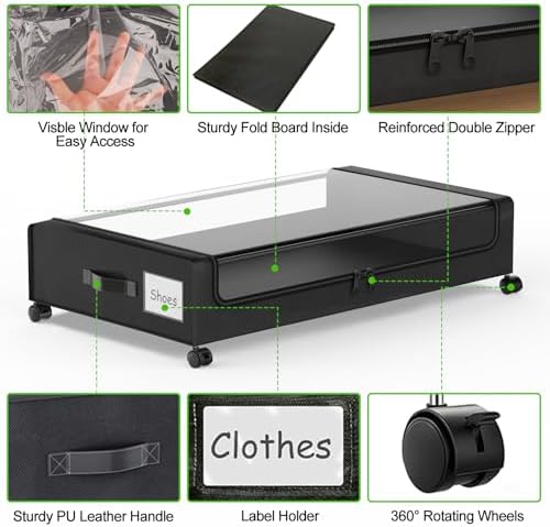 Molutsody Under Bed Storage with Wheels, 4-Pack Underbed Storage Containers with Clear Lids, Under Bed Shoe Storage Organizer, Rolling Under Bed Storage for Clothes Shoes Blankets (Black) - Image 4