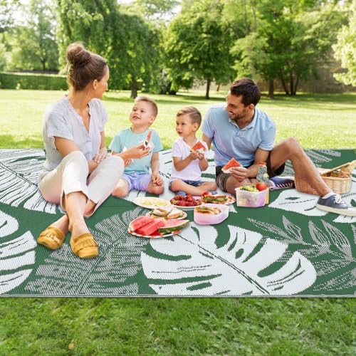 Waterproof 9x18 Outdoor Rug for Patio Reversible Plastic Straw Rug Floral Camping Carpet with Carry Bag, Stain & UV Resistant Portable RV Carpet for Camper Deck Balcony Porch Beach Picnic,Green - Image 3