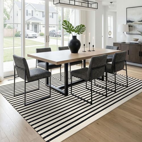 KOZYFLY 5x8 ft Area Rug Woven Washable Striped Rug, Beige and Black - Image 2