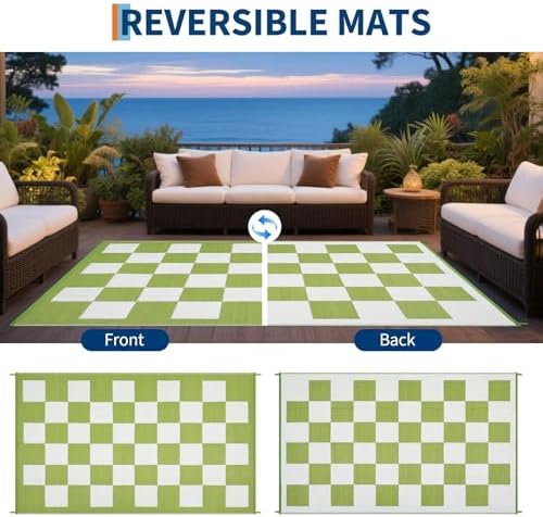 GarveeHome Outdoor Rug 8 x 10 Waterproof Checkboard Woven Carpet, Large Reversible Plastic Straw Rug, Foldable Modern Geometric Plaid Outside Camping Rug for Picnic, Backyard, Deck, Green White - Image 2