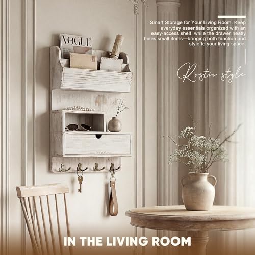 Rebee Vision Pine Wood Key Holder Wall Mount with Shelf & Drawer, Whitewash - Image 4