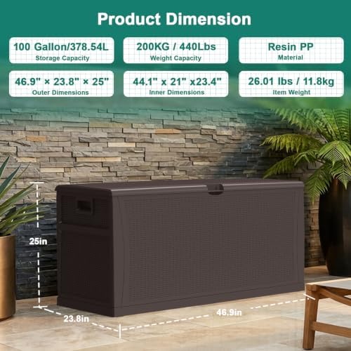 EHHLY 100 Gallon Outdoor Storage Box, Lockable Waterproof Package Delivery Boxes for Outside, Resin Outdoor Storage Deck Box for Garden Tools, Cushions, Pool Supplies, Indoor Outdoor Accessories - Image 3