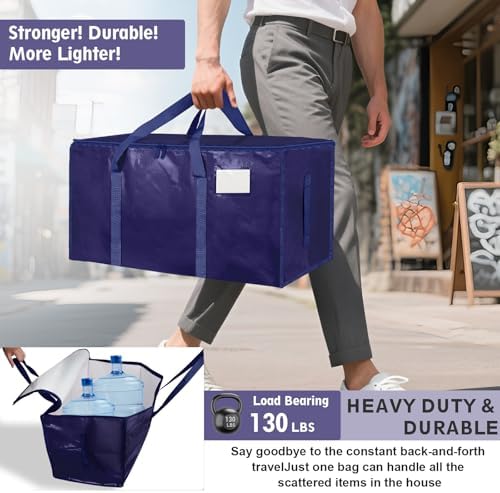 16 Pack-Extra Large Heavy Duty Moving Bags - Waterproof Storage Totes with Handles & Zippers, Foldable for College Dorm, Storage (Dark Blue) - Image 3