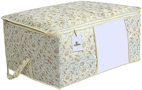 Kuber Industries Foldable Underbed Storage Bag|Organizer For Clothes Large|Non-Woven Comforter, Blanket Cover|Metalic Print & Side Handle|Pack of 12 (Brown & Cream) - Image 2