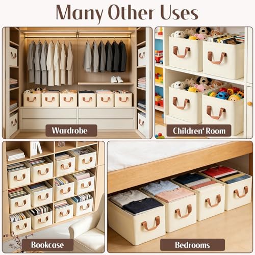 VZZNN 10 Pack Fabric Storage Bins for Shelves, Medium Closet Organizer Baskets with Sturdy Handles, Collapsible Clothes Bins for Closet Organization, Beige 15"x10"x8" - Image 3