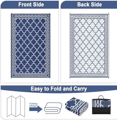 Outdoor Plastic Straw Rug 10x14 Large Patio Rug Vintage Trellis Floor Mat Waterproof Rug for Patio Reversible Outdoor Rugs for RV Beach Patio Camping Backyard Deck Picnic Dark Blue - Image 6