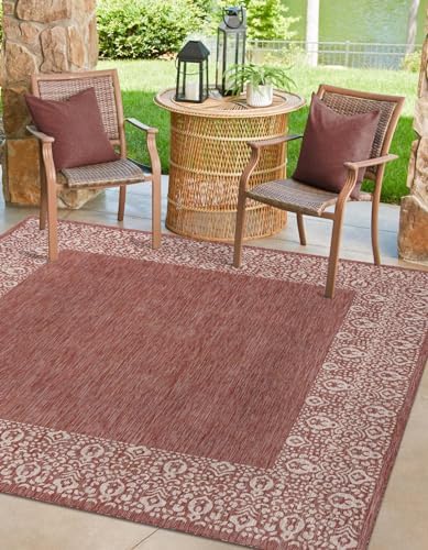 Unique Loom Outdoor Border Collection Area Rug - Floral Border (10' 8" Square Rust Red/Ivory) by UniqueLoom