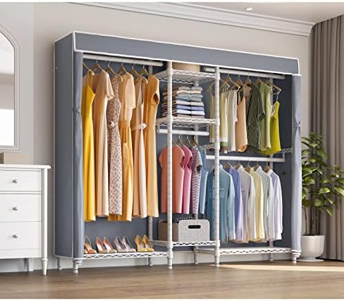 VIPEK Classic V6C Heavy Duty Covered Clothes Rack Portable Wardrobe Closet, 5 Tiers Wire Garment Rack White Metal Clothing Rack with Grey Oxford Cover, 70.1" L x 17.3" W x 76.4" H, Max Load 870 LBS - Image 2