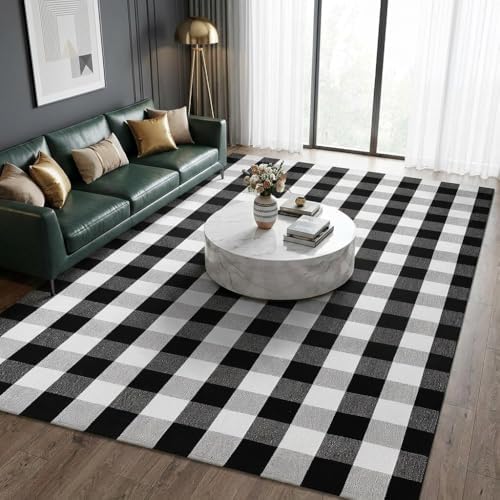 MUBIN Cotton Buffalo Plaid Rug, 5' x 8' Black and White Area Rug, Outdoor Decorative Layered Mat, Washable Foldable Rug for Outdoor Patio Entryway Indoor Living Room Dining Room Home Office - Image 4