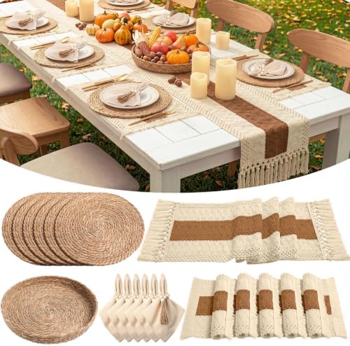 6 Sets Boho Placemat Table Runner Napkin Rings, Caramel, 12x72 by Gandeer