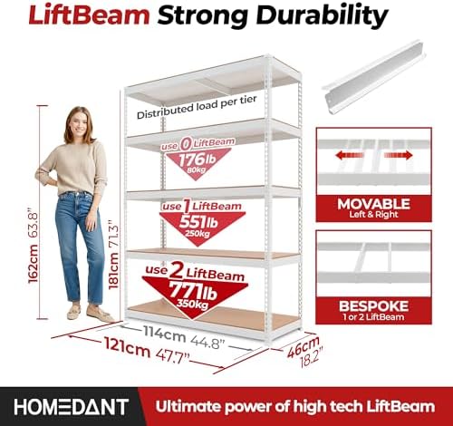 HOMEDANT White 47.7" W 5 Tier Storage Shelves Garage Shelving Unit Metal - Image 2