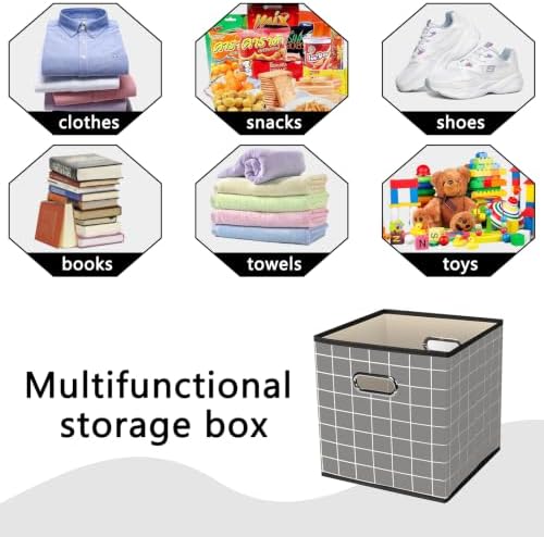 Fabric Cubby Storage Bins,13x13x13 Inches,Cube Organizer Bin Foldable Storage Boxes with Dual Handles Fabric Organizer Box and collapsible Storage basket,Set of 6,Grey grid - Image 3