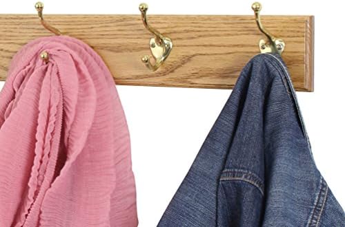 Solid Oak Coat Rack with Solid Brass Hat and Coat Style Hooks - Made in The USA (Golden Oak, 25.5" x 3.5" with 5 Hooks) - Image 3
