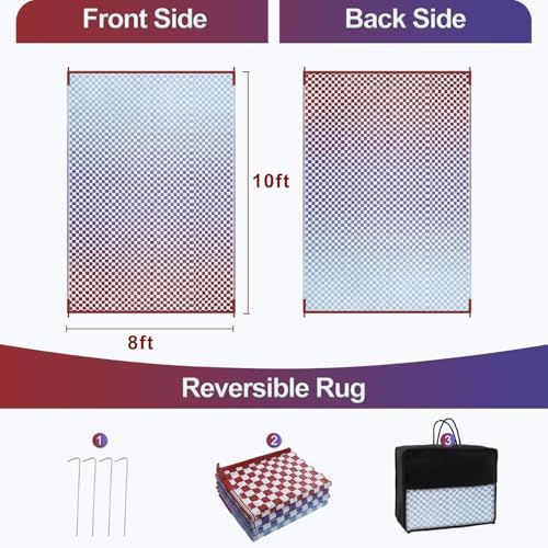 Wonnitar 8x10 Waterproof Outdoor Rug - Blue Purple Ombre Checkered Patio Rugs, Lightweight Reversible Mat for Deck Porch RV Picnic, Large Camping Carpet with Colorful Grid Design - Image 2