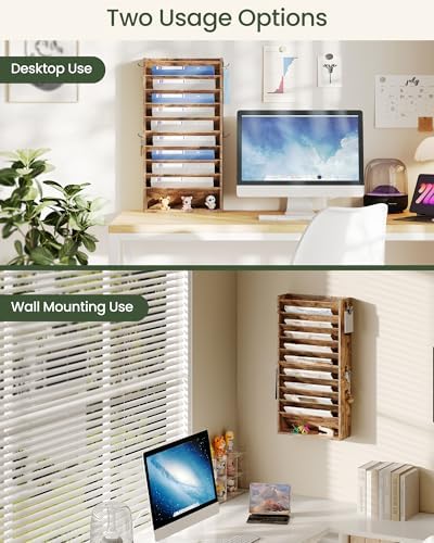 CHOEZON Wall File Organizer, 10-Tier Hanging Mail Organizer, Wall Mount File Holder with 4 Side Hooks, Mail and Storage Organizer, Wooden Vertical Hanging Holder for Office, Rustic Brown MWJ03FG - Image 5