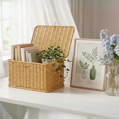 Nonam Wicker Storage Basket With lid, Large Stackable Plastic Bin, Natural - Image 3