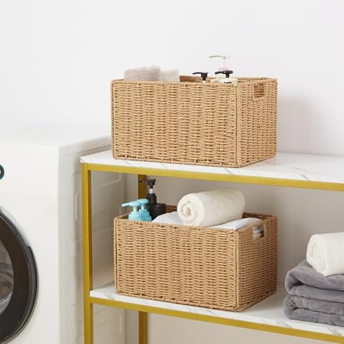 Vagusicc Wicker Storage Basket, Set of 2 Hand-Woven Paper Rope Wicker Basket, Small Storage Baskets for Organizing Toilet Paper Basket, Foldable Large Cube Storage Organizer Bins for Shelves (Natural) - Image 4