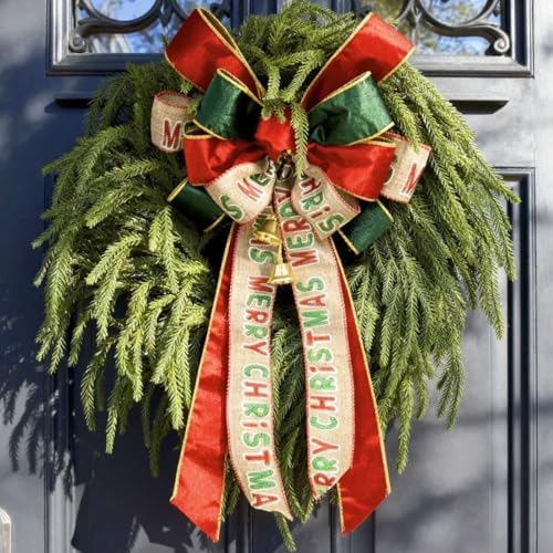 24 Inch Norfolk Pine Wreath with Large Merry Christmas Bow – Real Touch Norfolk Pine Winter Holiday Green Wreath for Front Door, Weatherproof Outdoor Porch Decoration, Includes Storage Bag - Image 5