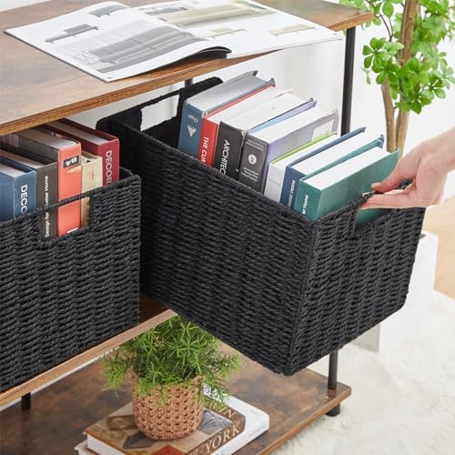 Vagusicc Wicker Storage Basket, Set of 2 Hand-Woven Paper Rope Wicker Basket, Small Storage Baskets for Organizing Toilet Paper Basket, Foldable Large Cube Storage Organizer Bins for Shelves (Black) - Image 5