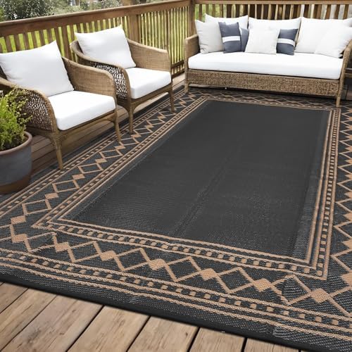 GlowSol 9x12 Outdoor Patio Rug Waterproof Reversible Camping Rug, Lightweight RV Mat for Backyard Deck Porch Balcony Garden Beach Picnic, Stain Resistant Outdoor Area Rug for Home Decor, Black/Brown - Image 2