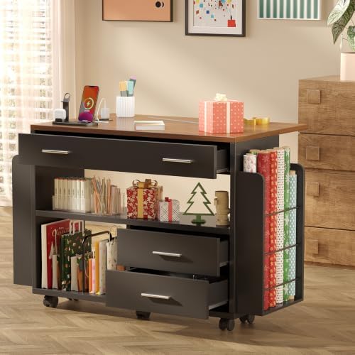 Gift Wrap Storage Cart with Foldable Drop Leaf, Crafting Table with Storage - Image 3