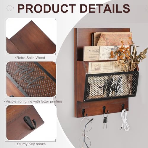 Yalikop Farmhouse Mail Organizer Wall Mounted Rustic Mail Holder Hanging Key Sorter with 3 Hooks Indoor Wooden Wall Mounted, Letter, Magazines, Newspapers, Keys (Classics,Dark Brown) | Wall Mounted Rustic Wooden Mail Organizer with Metal Mesh, Hanging ... - Image 4
