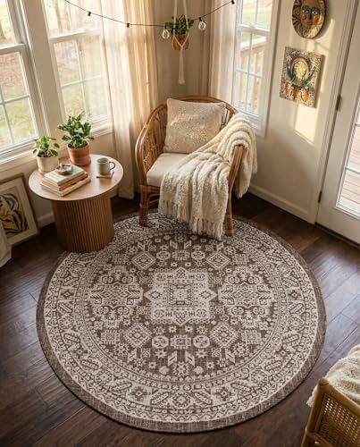 Rugs.com - Outdoor Aztec Rug – 5 Ft Round Brown Indoor/Outdoor Rug – Washable, Weather-Resistant for Patios, Decks, and Porches - Image 5