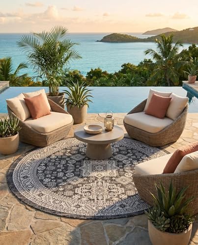 Rugs.com - Outdoor Aztec Rug – 8 Ft Round Charcoal Gray Indoor/Outdoor Rug – Perfect for Patios, Decks, Porches, and Outdoor Entertaining Spaces - Image 6