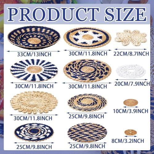 Xuhal 15 Pcs Boho Wall Basket Decor Handcrafted Seagrass Woven Wall Basket Rustic Round Woven Hanging Art for Home Farmhouse Kitchen Table Living Room(Blue Classic Style) - Image 3