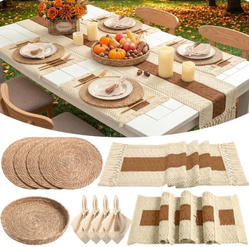 4 Sets Boho Placemat Table Runner Napkin Rings, Caramel, 12x72 by Gandeer