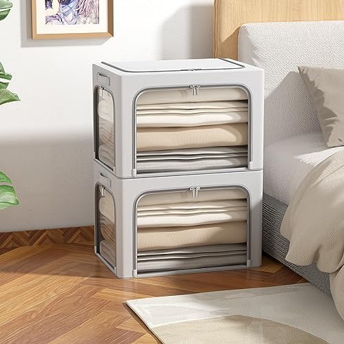 3Pack Clothes Storage Bins - Oxford Frame Storage Box Foldable Stackable Storage Organizer with 3 Openings Design, Metal Frame, Clear Window, Carry Handles (66L-19.7 * 15.7 * 13, Grey) - Image 6