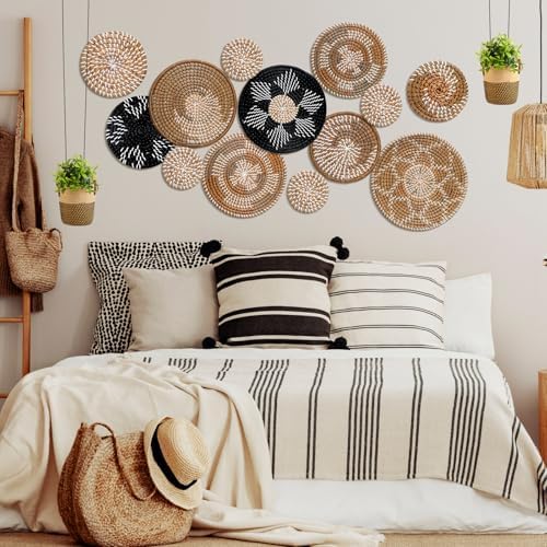 Xuhal 15 Pcs Boho Wall Basket Decor Handcrafted Seagrass Woven Wall Basket Rustic Round Woven Hanging Art for Home Farmhouse Kitchen Table Living Room (Dark Colors Style) - Image 5