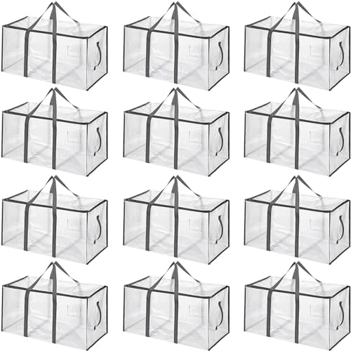 Aliceset 12-Pack Clear Moving Bags 90.84L Heavy Duty Extra Large Storage Totes with Reinforced Handles & Zippers, for Moving, College Dorm, Traveling(Gray) by Aliceset