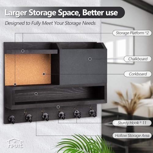 Key Holder for Wall Mount with Mail Organizer, Farmhouse Key Holder for Wall with Shelf, Chalkboard&Corkboard, Entryway Organizer 11 Metal Hooks, Decorative Natural Pine Wood, 14.6*11.1*3.3”, A-Black - Image 6