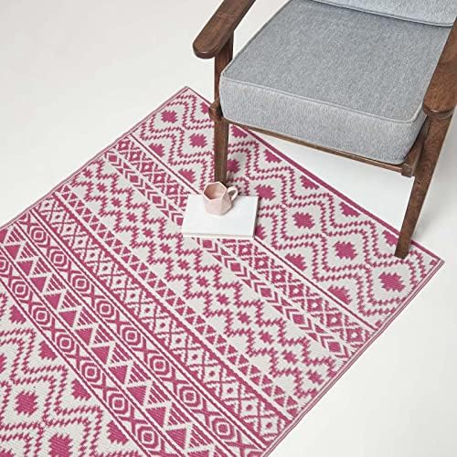 HOMESCAPES Luxury Large Outdoor Rugs for Garden Patio Waterproof 100% Recycled Plastic Mat Carpet 120 x 180cm Reversible White & Pink Geometric Rug “Tia”, Indoor/Outside & Portable, Seamless - Image 7