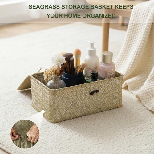 Nonam Wicker Storage Basket with Lid,Seagrass Shelf Basket Set of 3,White - Image 4