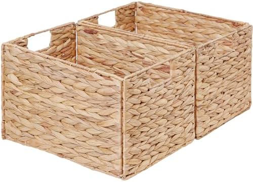 Vagusicc Wicker Storage Basket, Set of 2 Hand-Woven Storage Baskets for Organizing, Large Wicker Basket for Toilet Paper, Foldable Large Cube Storage Organizer Baskets Bin for Shelves (Water Hyacinth) by Vagusicc