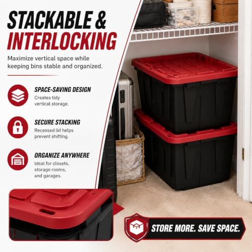 4-Pack 27 Gallon Heavy Duty Storage Bins Durable Polypropylene Plastic with Snap Lock Lids Stackable Large Capacity Organizers Garage Basement Multi-Purpose Storage Containers Black and Red - Image 6