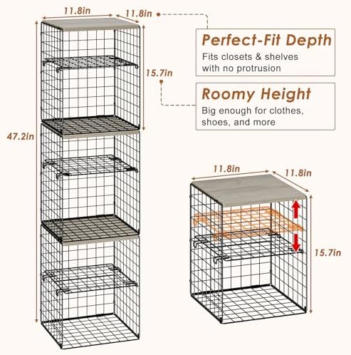 6-Tier Stackable Closet Organizers and Storage Basket, Set of 3 Closet Shelf Organizer with Adjustable Divider & Wood Top Board, Clothes Storage Bins for Wardrobe Organizer System, Space-Saving, Black - Image 3