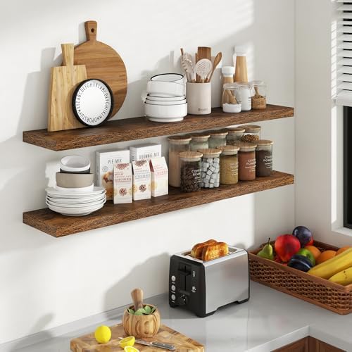 Acovy 48 Inch Floating Shelves, 8 Inch Deep Floating Shelves for Wall, Hanging Shelf with Invisible Brackets, Deep Shelves for Bathroom, Bedroom, Living Room, Brown, Set of 2 - Image 3