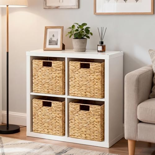 StorageWorks 10.5 inch Wicker Storage Baskets, Handwoven Wicker Basket for Organizinng, Foldable Water Hyacinth Square Storage Cubes, Natural, 4Pack - Image 5