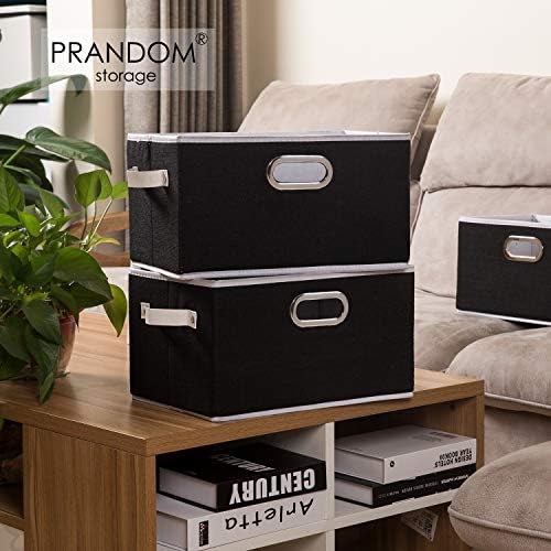 PRANDOM Larger Collapsible Storage Bins for Closet [5-pack] Decorative Linen Fabric Storage Baskets Cubes with Leather/Metal Handles for Living Room Black (17.3x12.2x10.4 Inch) - Image 2