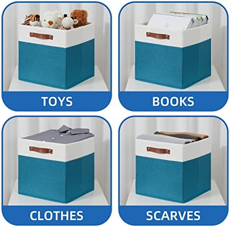 Temary Cube Storage Bins Storage Cube Bins for Home, 4 Pack Fabric Storage Bins for Organization, Storage Cubes 13x13 Cube Baskets with Leather Handles (White&Teal) - Image 4