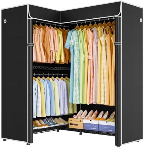 ULIFHOME E15C Garment Rack L Shaped Clothes Rack for Corner，Freestanding Clothing Racks for Hanging Clothes，Heavy Duty Closet Organizer 43.4"W x 15.8"D x 78.4"H，Black Rack with Black Dustproof Cover - Image 2