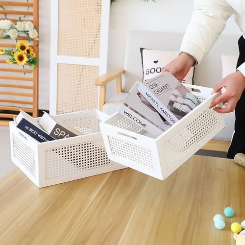 White Wooden Storage Baskets with Handle, Rectangular Set of 2 - Image 6