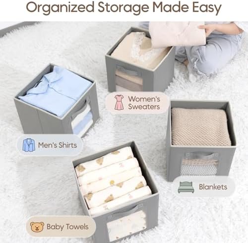 Homsorout Foldable Storage Cubes - Cubby Storage Organizer with Window, Decorative Baskets for Organizing, Fabric Bins for Clothes Storage, Closet Storage Cubes 11inch, Set of 12, Grey - Image 5