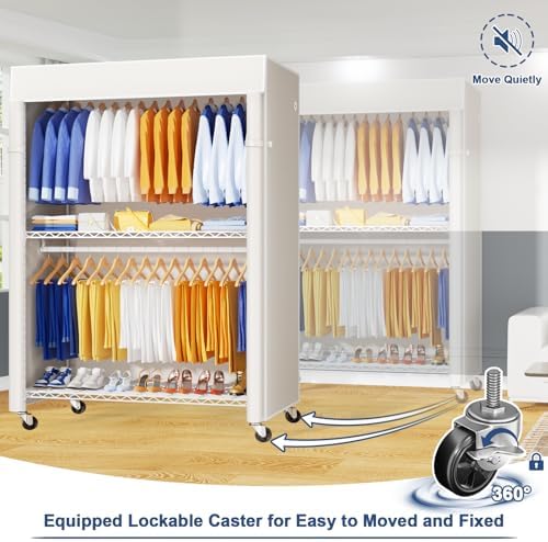 ULIFHOME P8C Pro Heavy Duty Clothes Rack（With Extended Width Design） Rolling Clothing Racks for Hanging Clothes with Lockable Wheels，42" W x 15.8" D x 80.5" H，Load 700LBS，White Rack with White Cover - Image 5