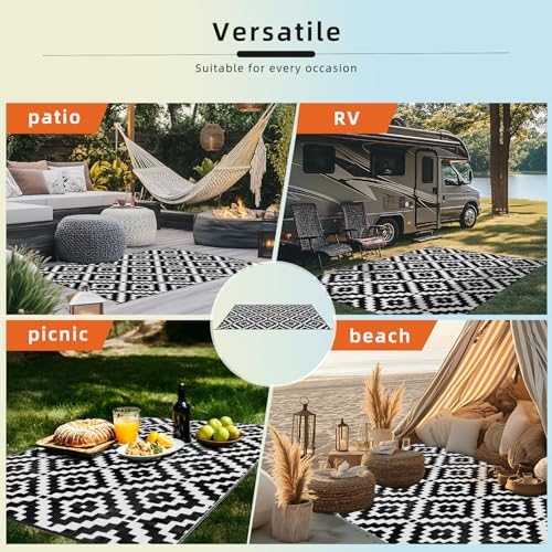 Favoyard Outdoor Rug Black & White 8x10 ft Waterproof Reversible Carpet Mat - Image 6